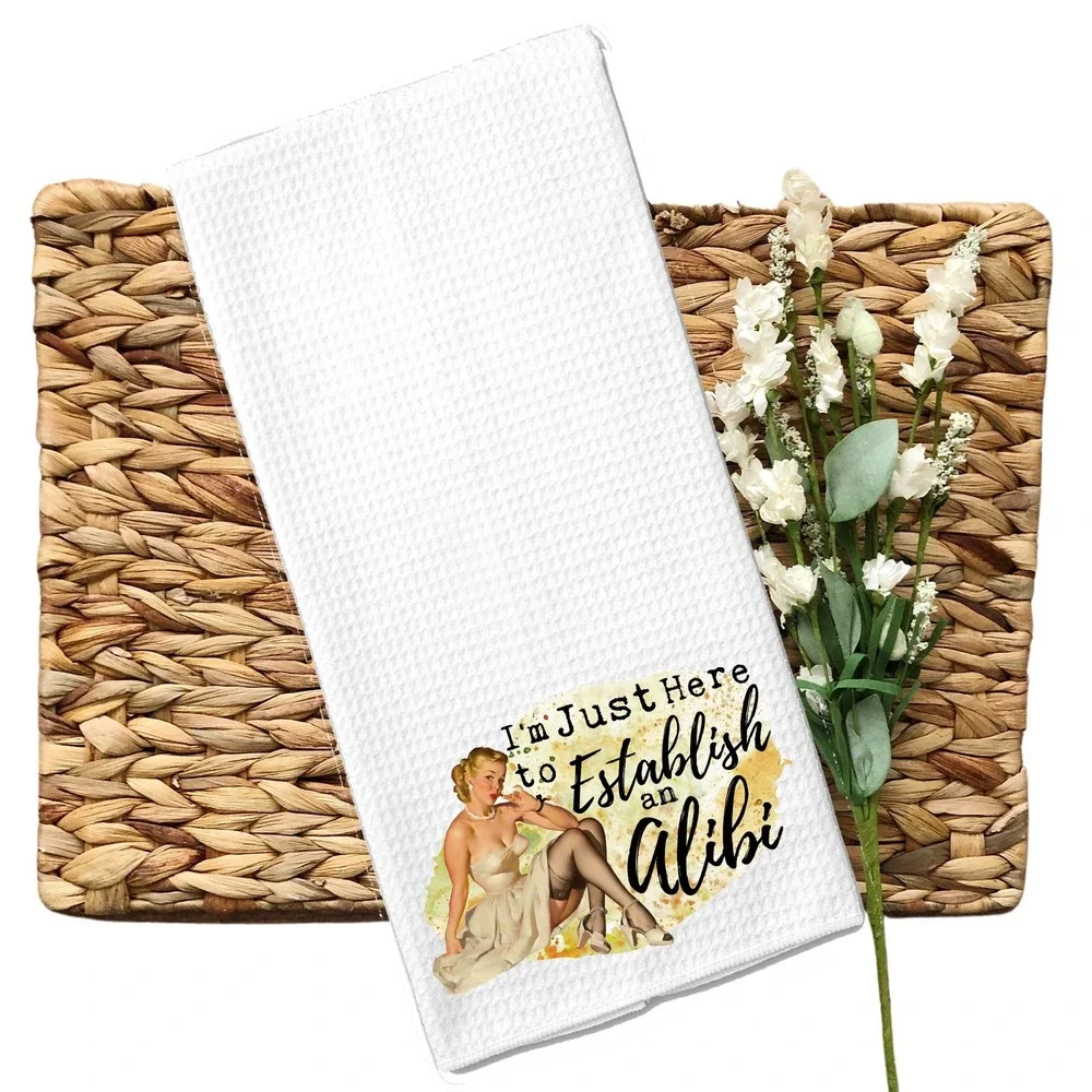Vintage Pin Up Alibi Waffle Weave Kitchen Towel White Retro Hand Towel 16x24